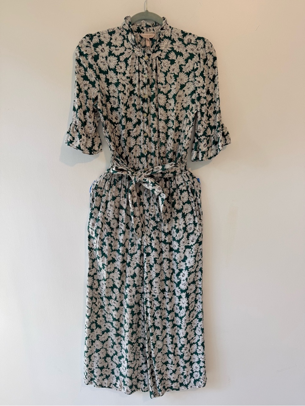 Rebecca Taylor Silk Floral Wide Leg Jumpsuit Green Ivory Belted Size 6